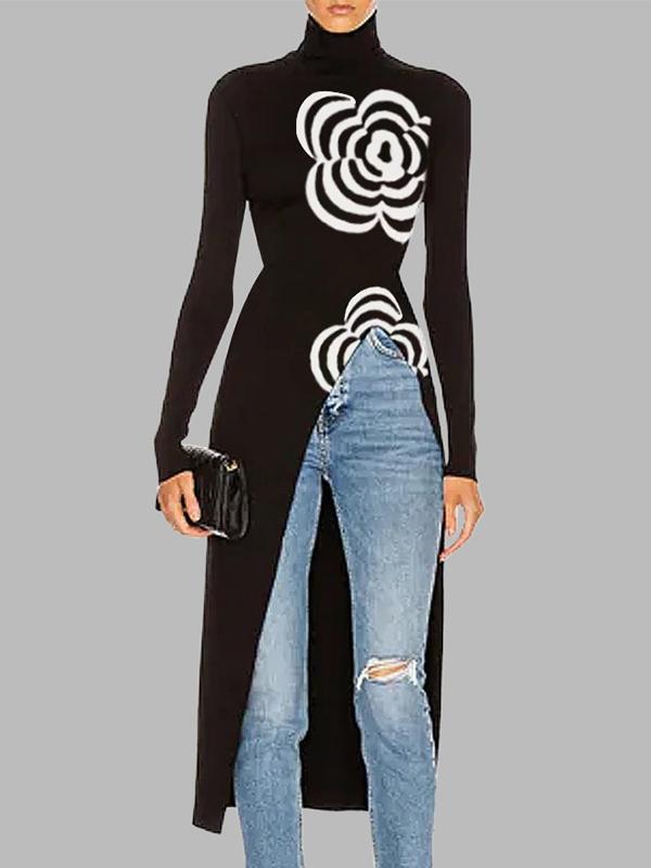 Long Sleeves Asymmetric Printed Split-Joint High Neck Pullovers Sweater Tops product image