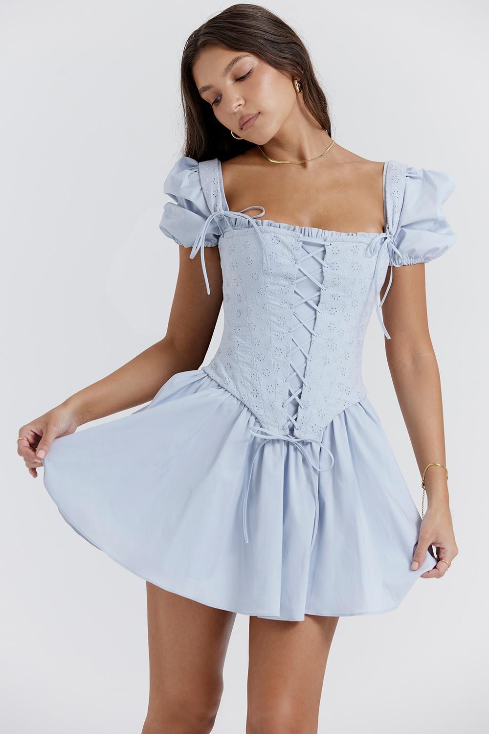 Maribel Soft Blue Broderie Corset Mini Dress Product Image