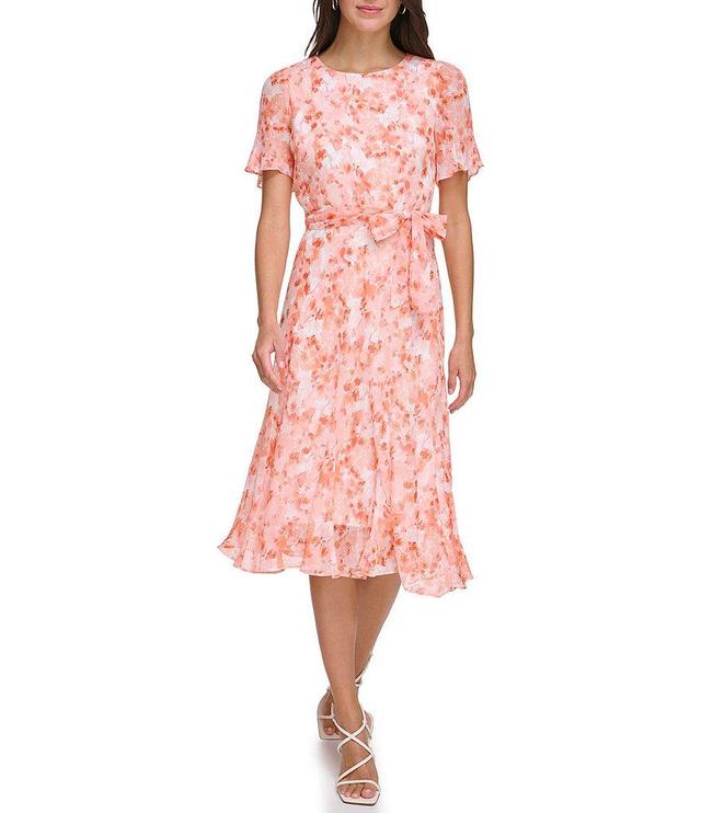 DKNY by Donna Karan Floral Printed Round Neckline Short Sleeve Tie Waist Midi Dress Product Image