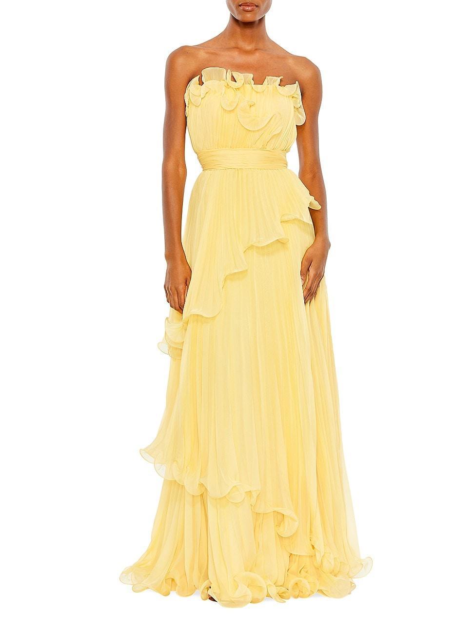 Womens Strapless Ruffled Chiffon Gown Product Image