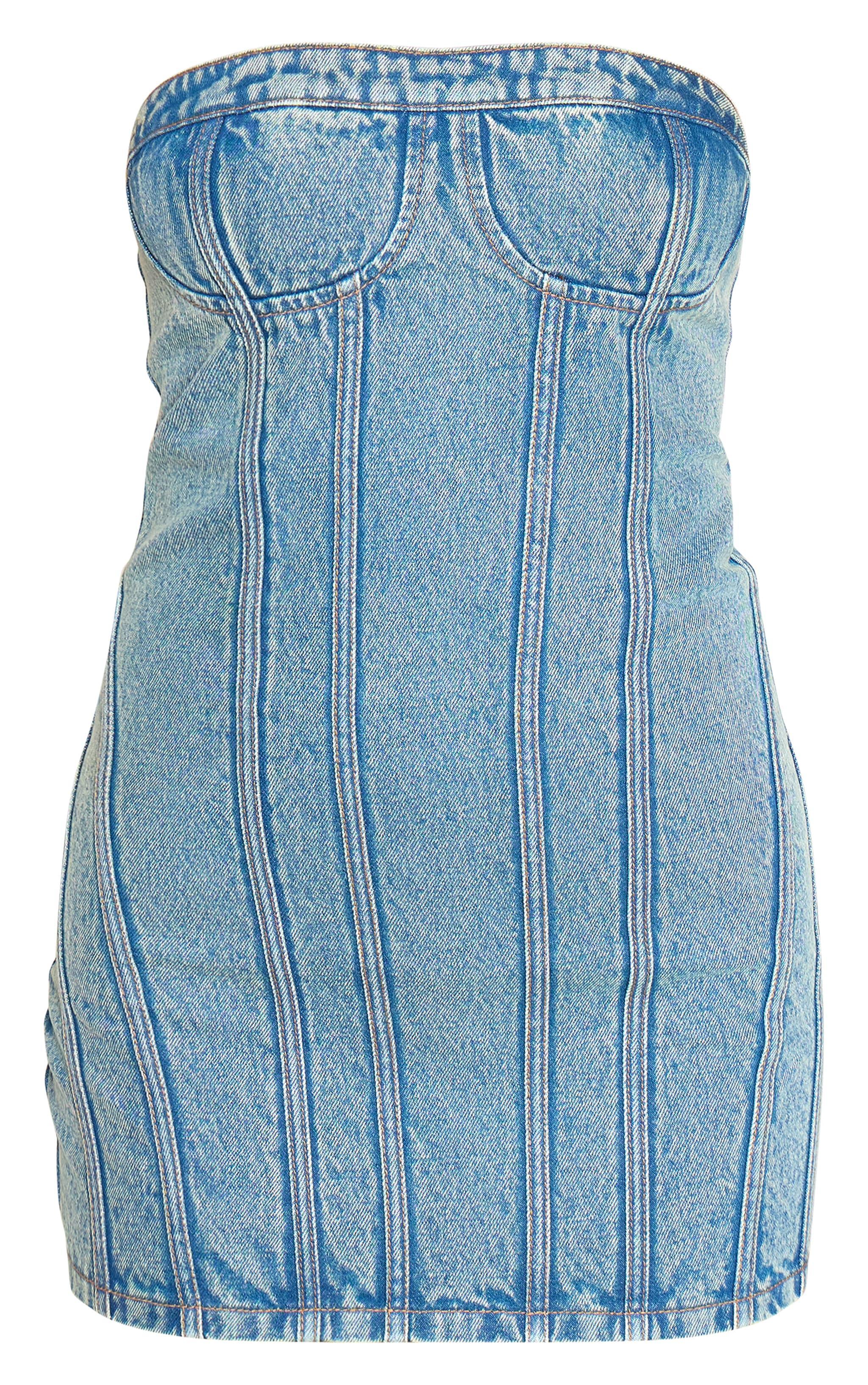 Vintage Wash Strapless Corset Seam Denim Bodycon Dress Product Image