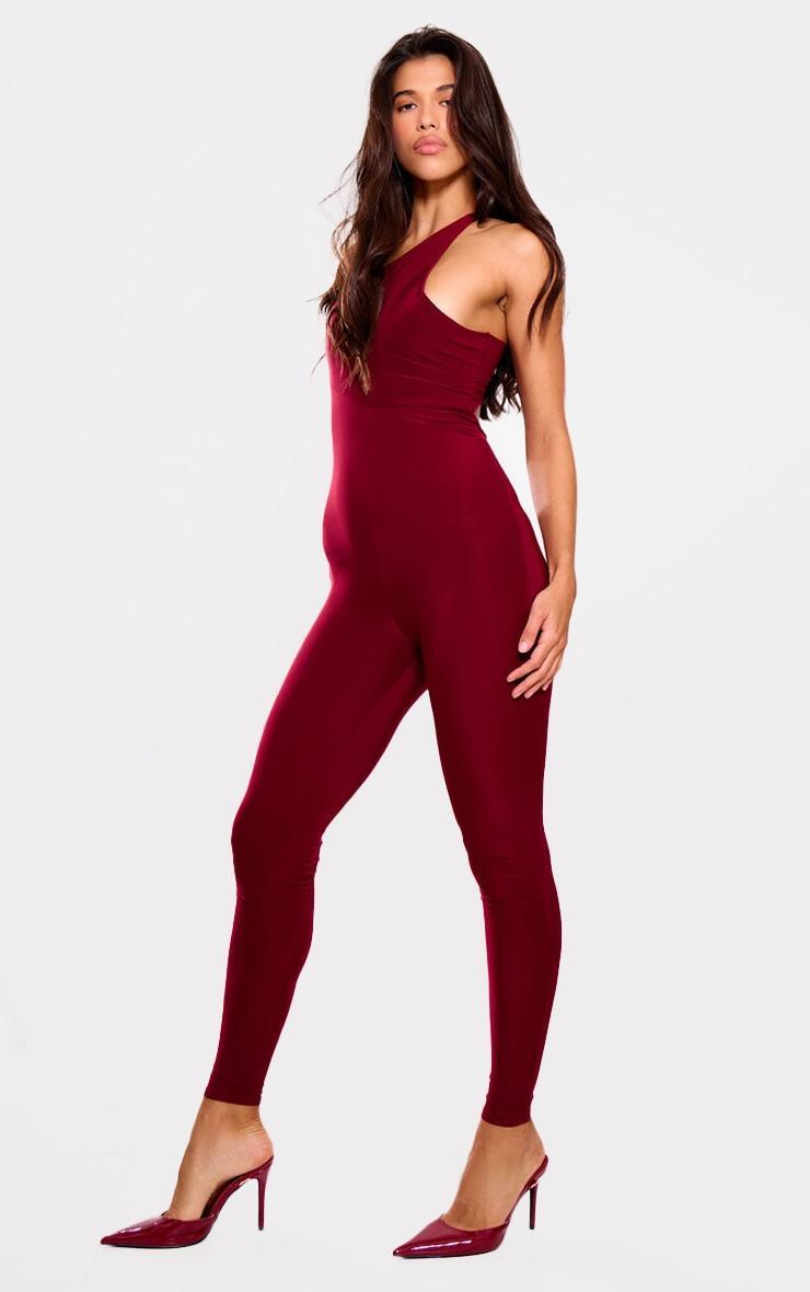 Burgundy Slinky One Shoulder Twist Back Detail Jumpsuit product image