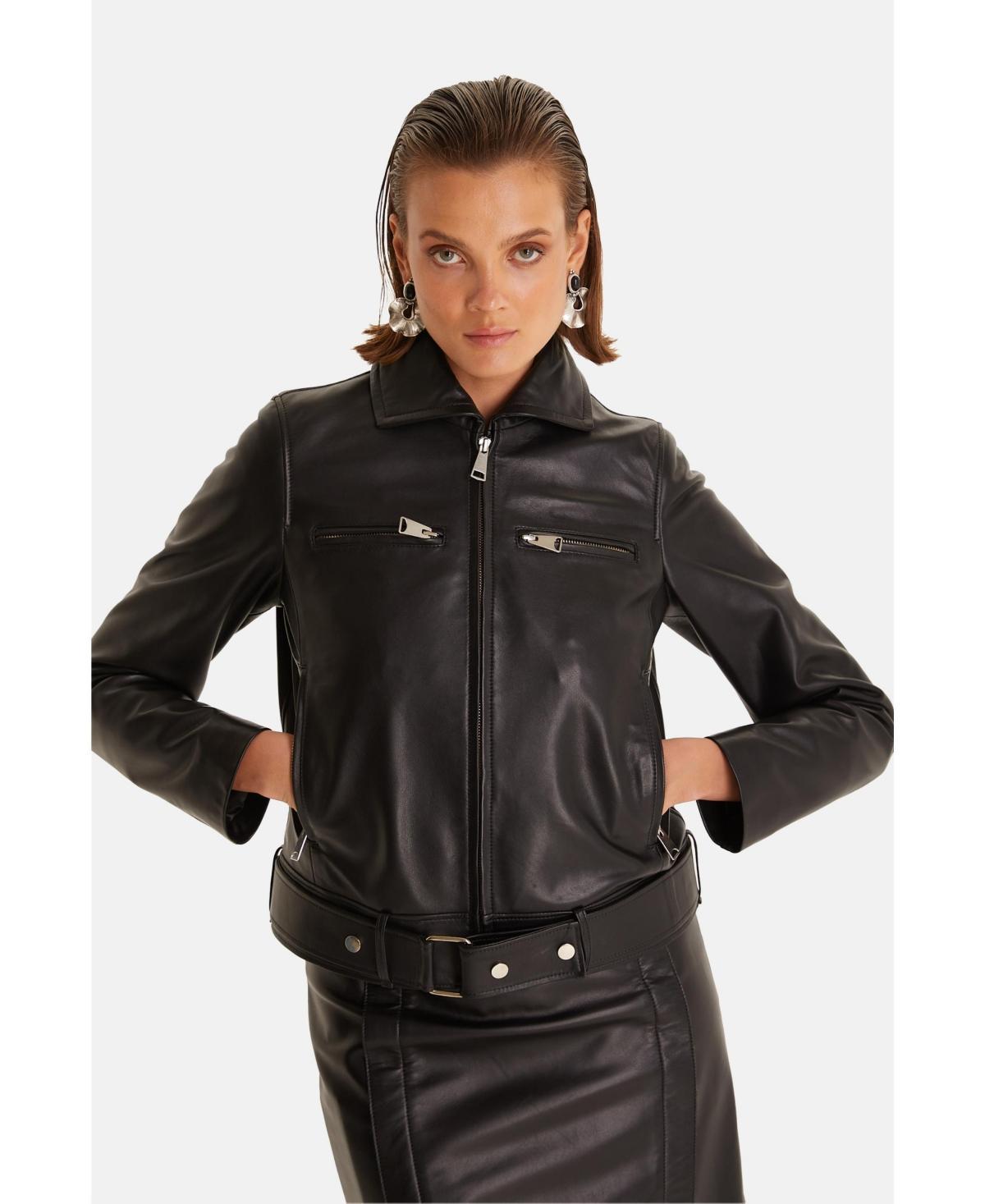 Womens Genuine Leather Blazer Jacket Black Product Image