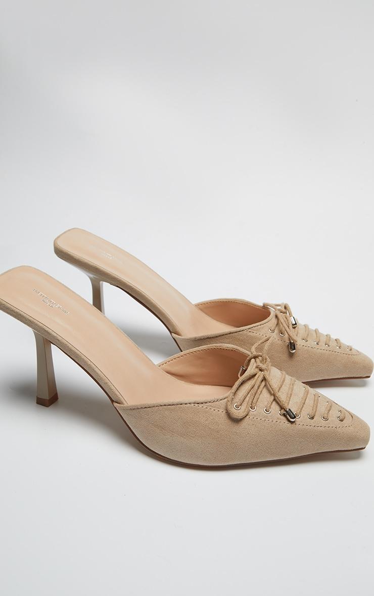 Beige Faux Suede Wide Fit Pointed Toe Lace Up Heeled Mules Product Image