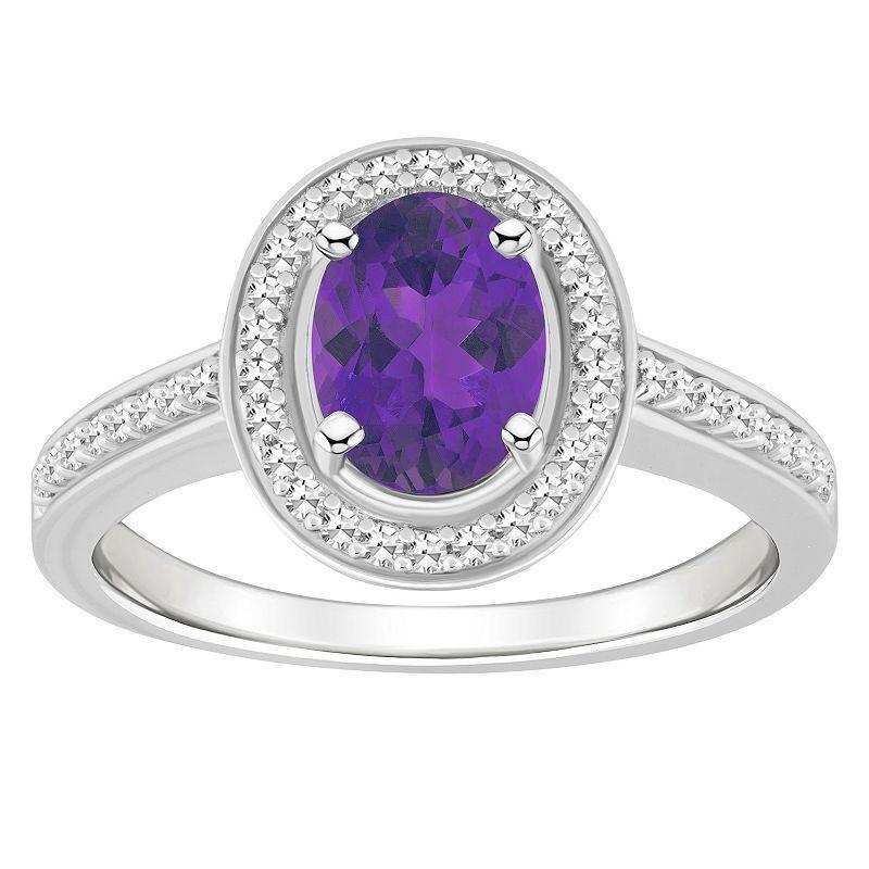 Celebration Gems Sterling Silver 8 mm x 6 mm Oval Gemstone & 1/5 Carat T.W. Diamond Halo Ring, Womens Purple Product Image