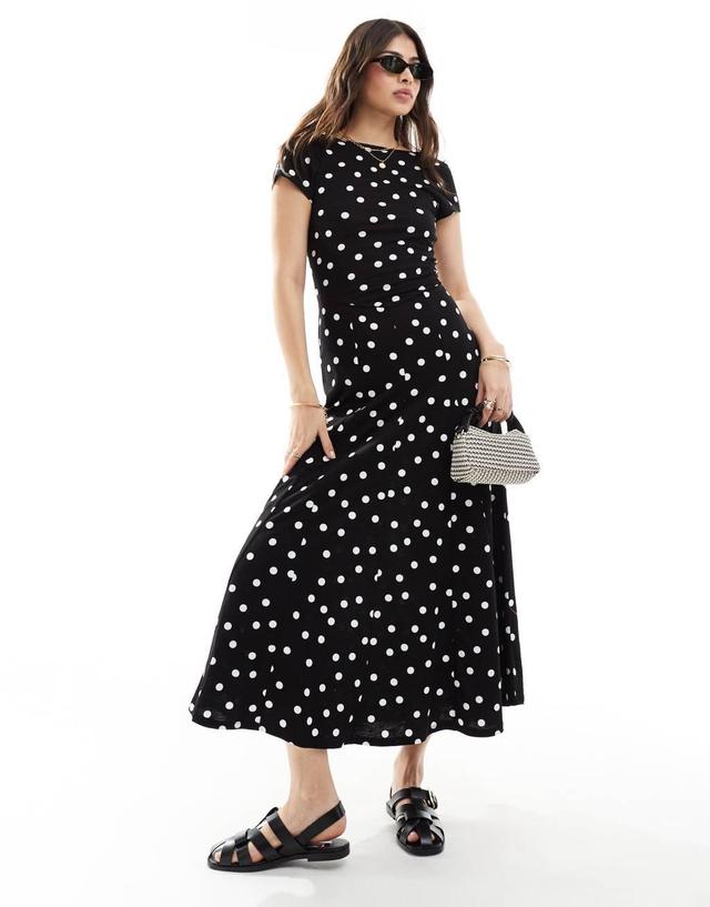 ASOS DESIGN short sleeve low back maxi dress in monochrome polka dot Product Image