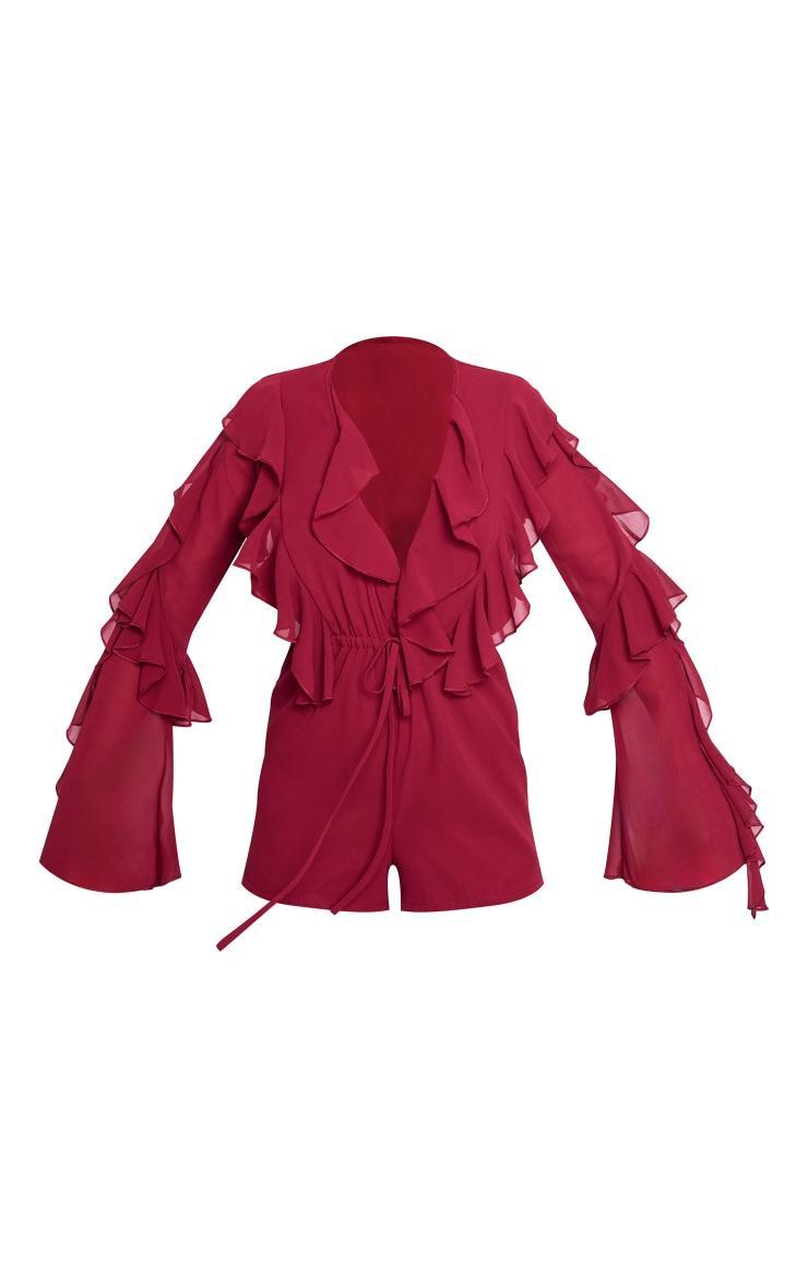 Burgundy Ruffle Detail Long Sleeve Plunge Romper Product Image