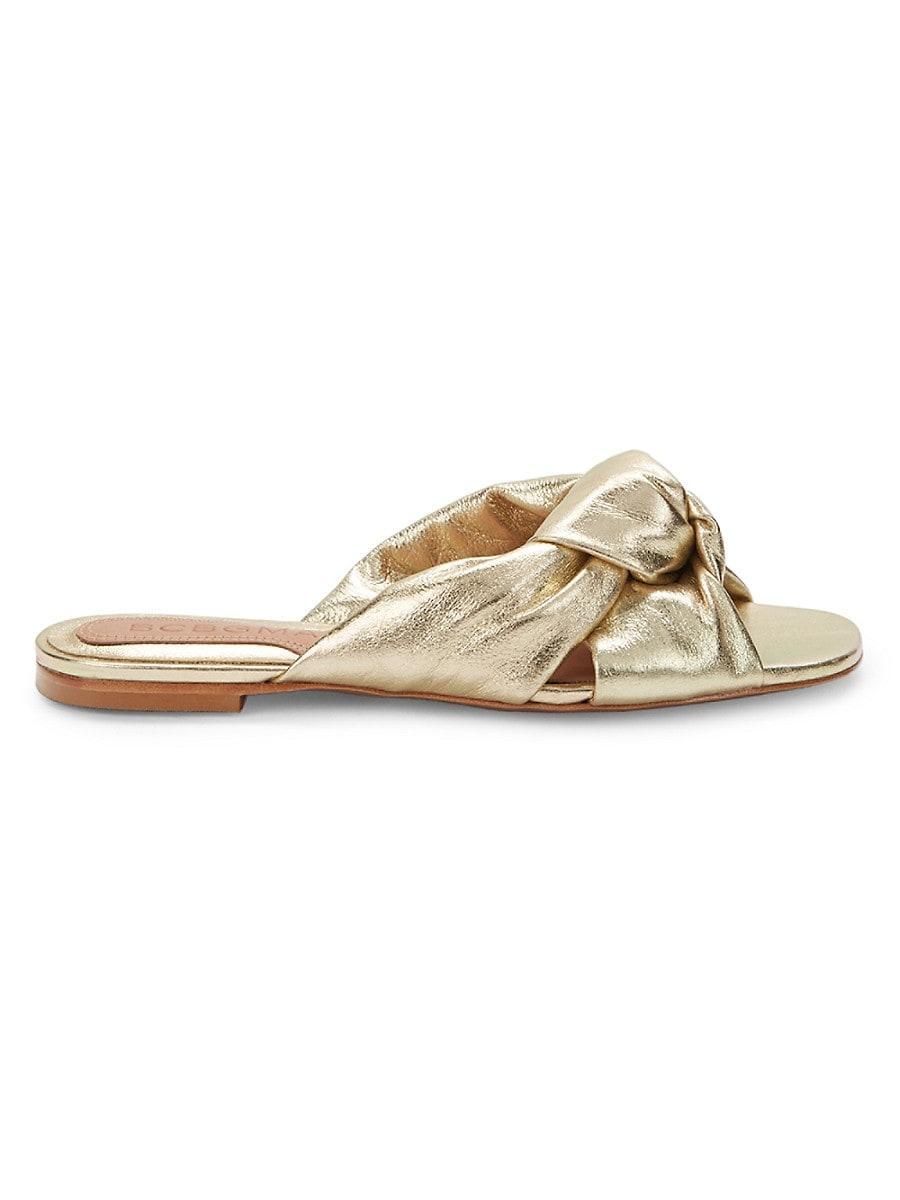 BCBGMAXAZRIA Womens Tinsley Knotted Metallic Leather Slides - Gold - Size 5 Sandals Product Image