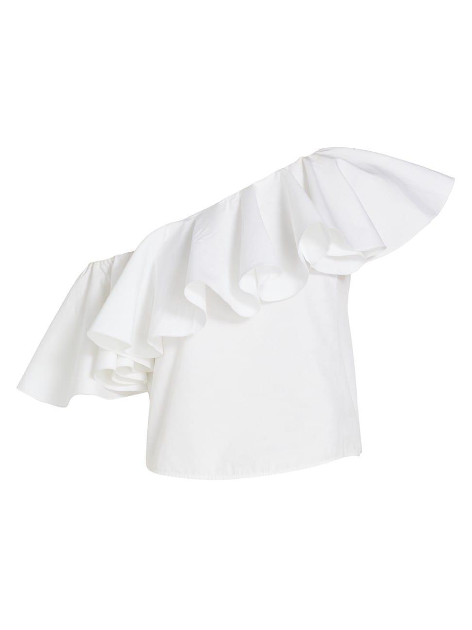 Womens Ruffled Cotton One-Shoulder Blouse Product Image