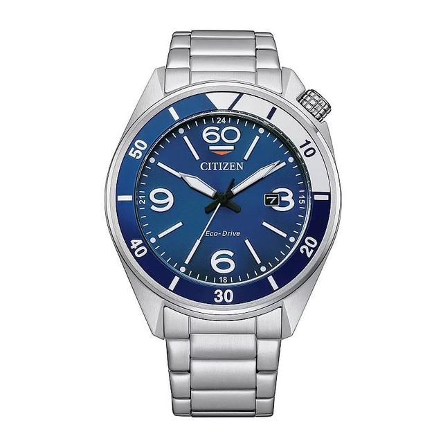 Citizen Mens Eco-Drive Sport Stainless Steel Blue Dial Bracelet Watch Silver Product Image