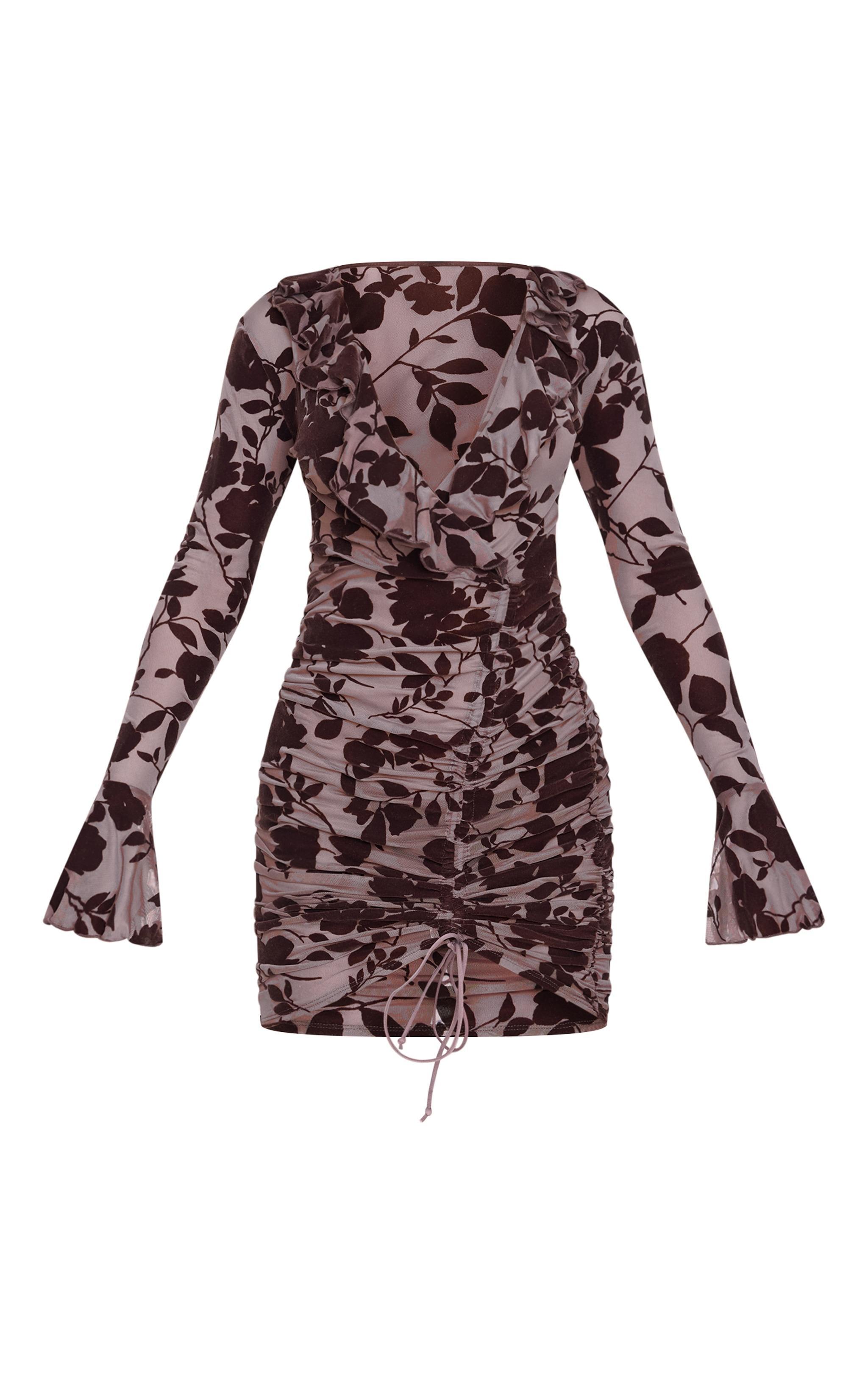 Dark Chocolate Floral Flocked Frill Detail Ruched Bodycon Dress Product Image