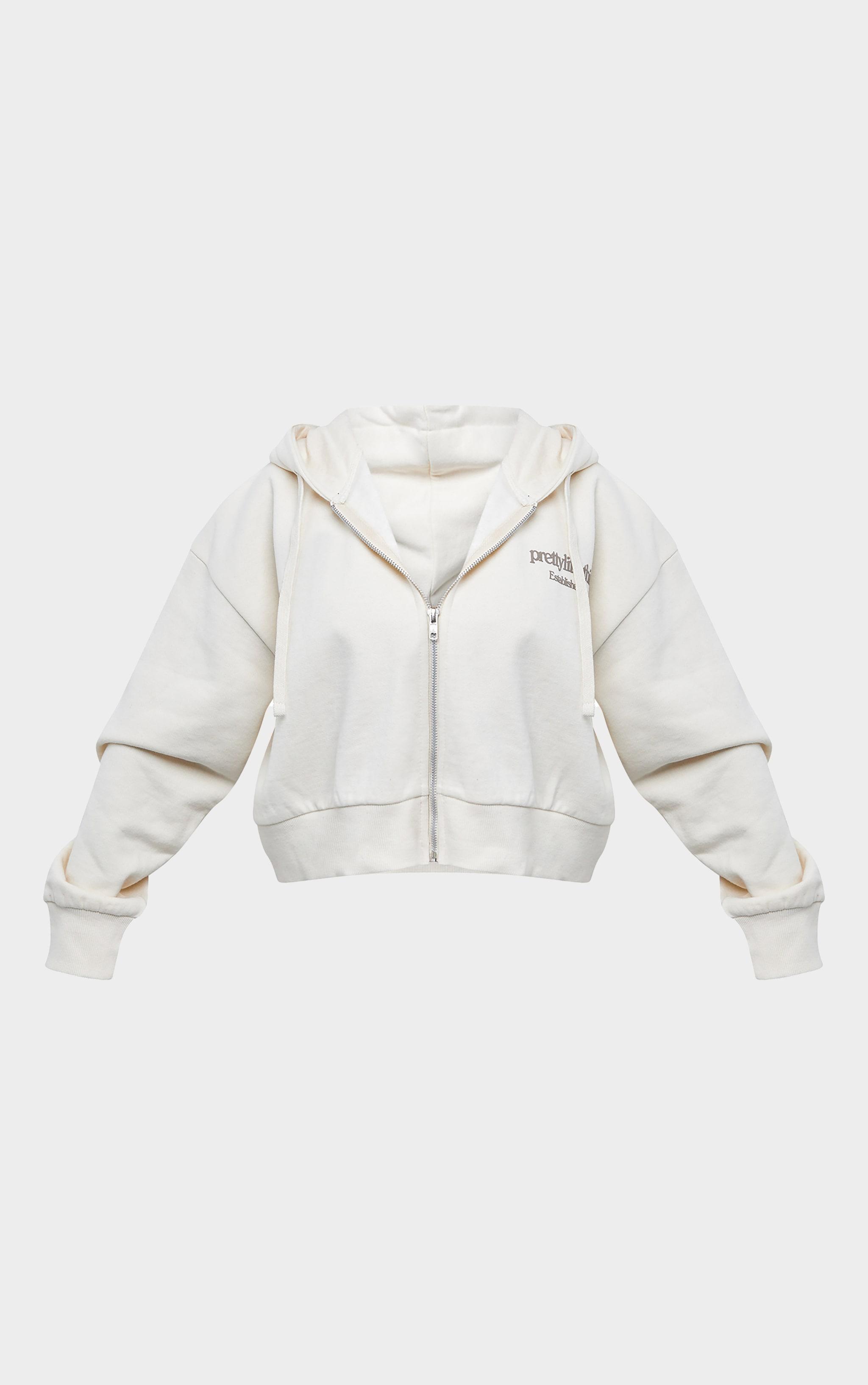 PRETTYLITTLETHING Petite Cream Premium Print Zip Front Hoodie Product Image