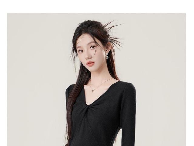 Long Sleeve V-Neck Plain Twist Knit Midi A-Line Dress Product Image