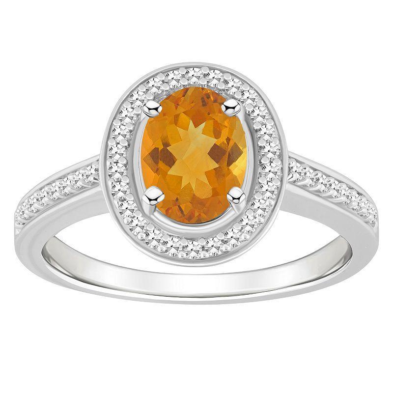 Celebration Gems Sterling Silver 8 mm x 6 mm Oval Gemstone & 1/5 Carat T.W. Diamond Halo Ring, Womens Citrine Product Image