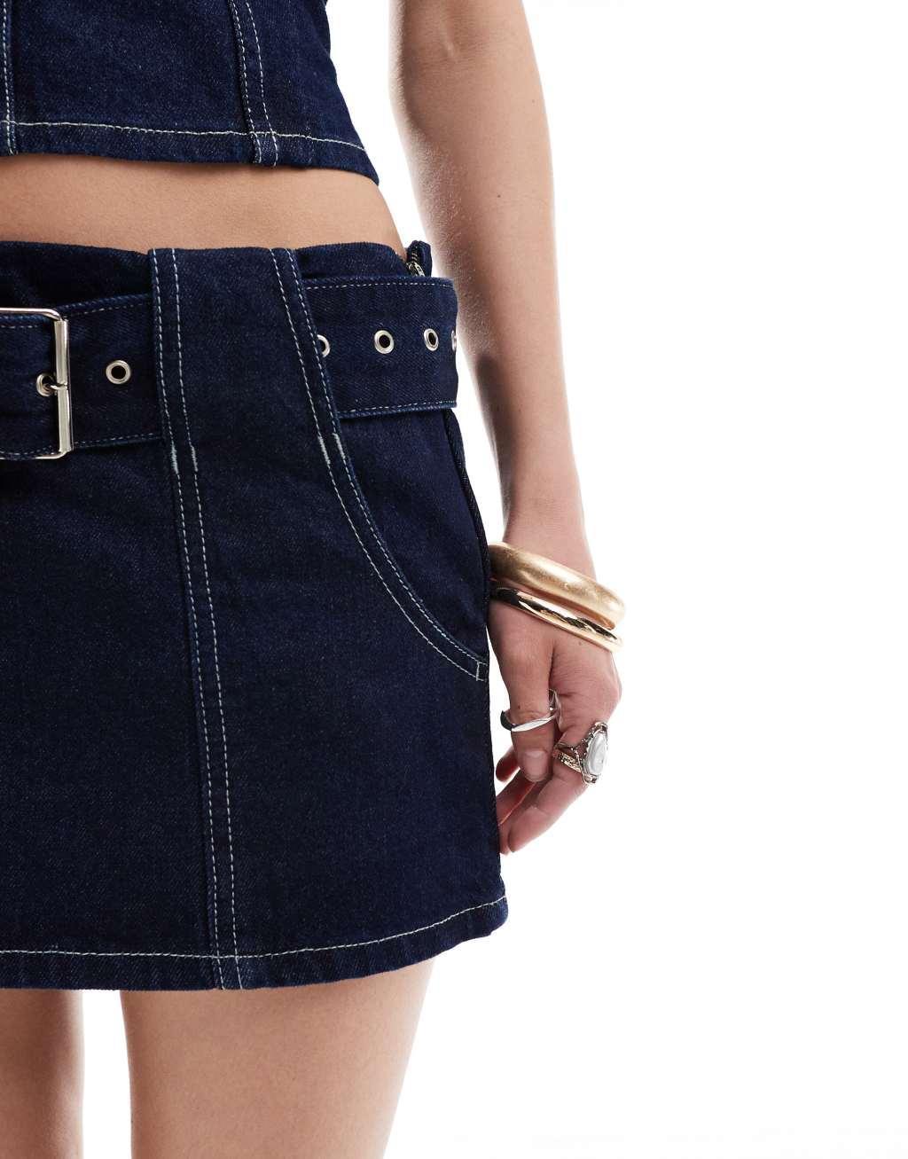 Pull&Bear buckle belt detail micro mini skirt in indigo blue - part of a set Product Image