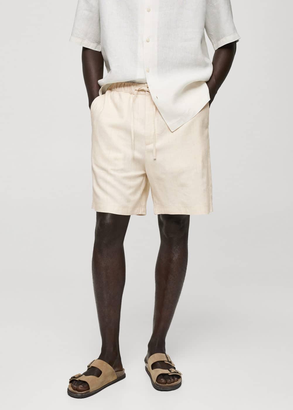 MANGO MAN - Cotton linen drawstring Bermuda shorts ecruMen Product Image