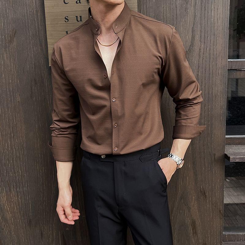 Long Sleeve Band Collar Plain Shirt Product Image