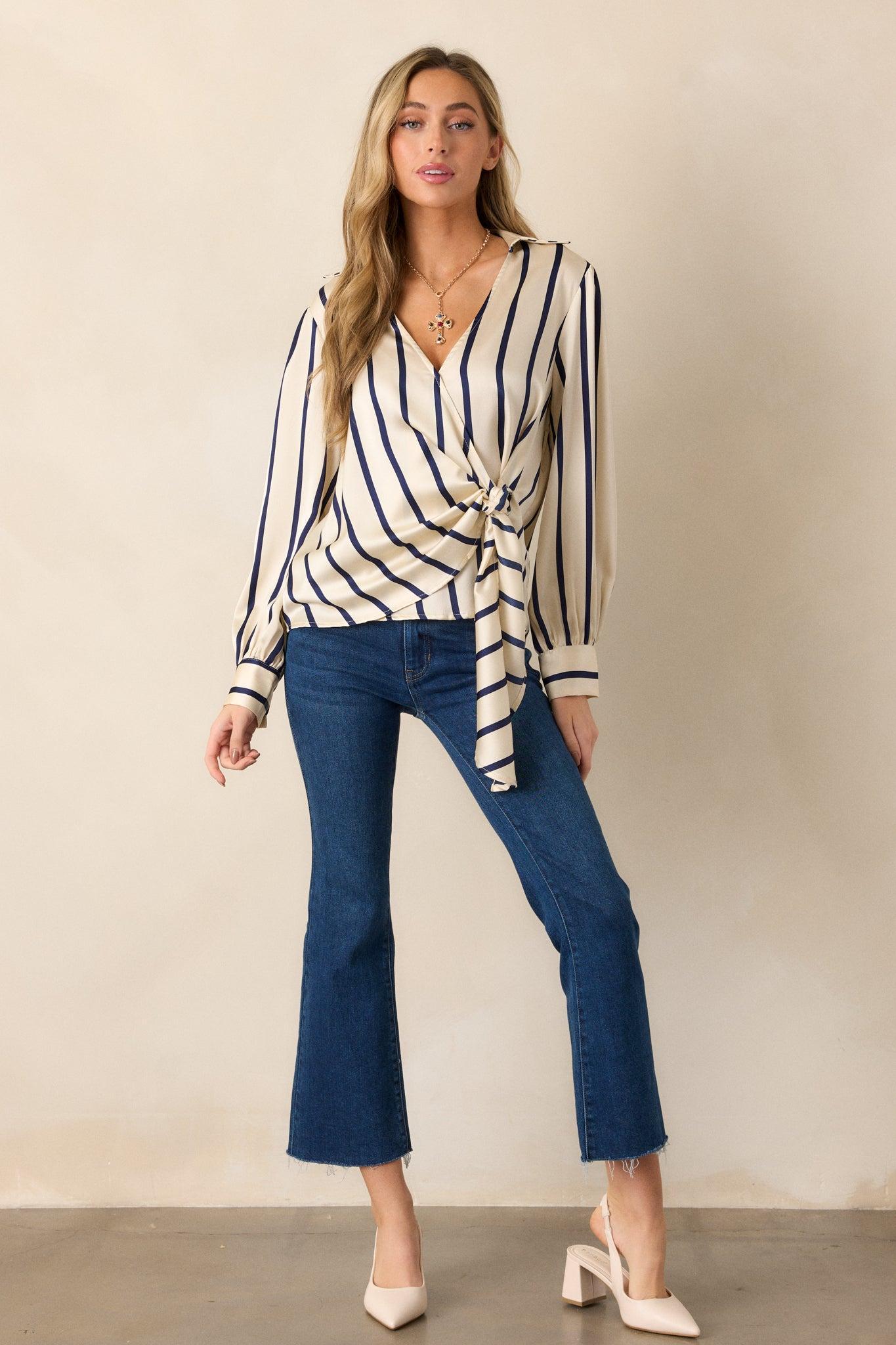 Keep It Going Ivory Stripe Wrap Blouse Product Image