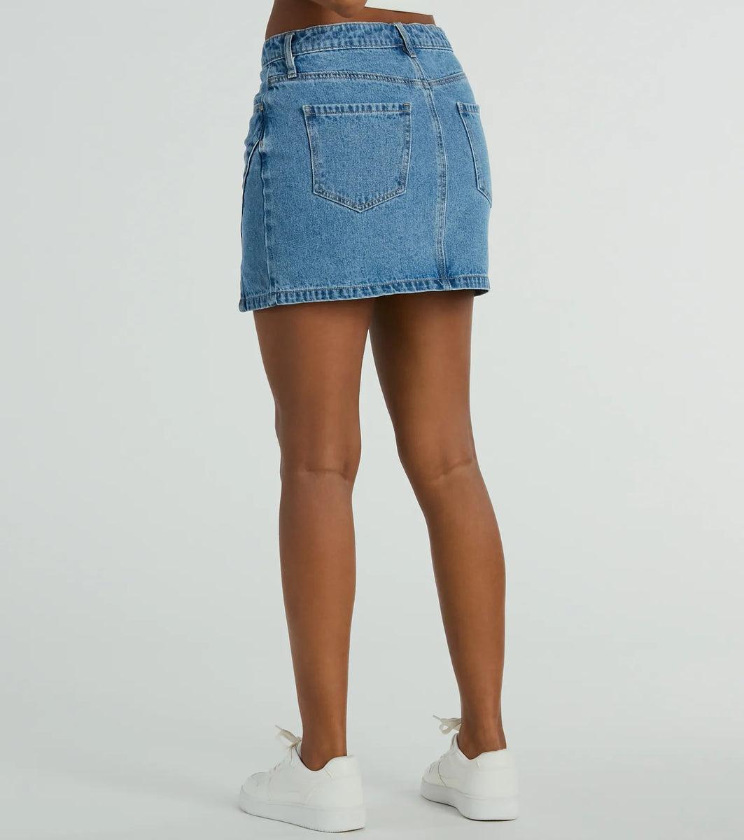 Playfully Perfect High Rise Slit Mini Denim Skirt Product Image