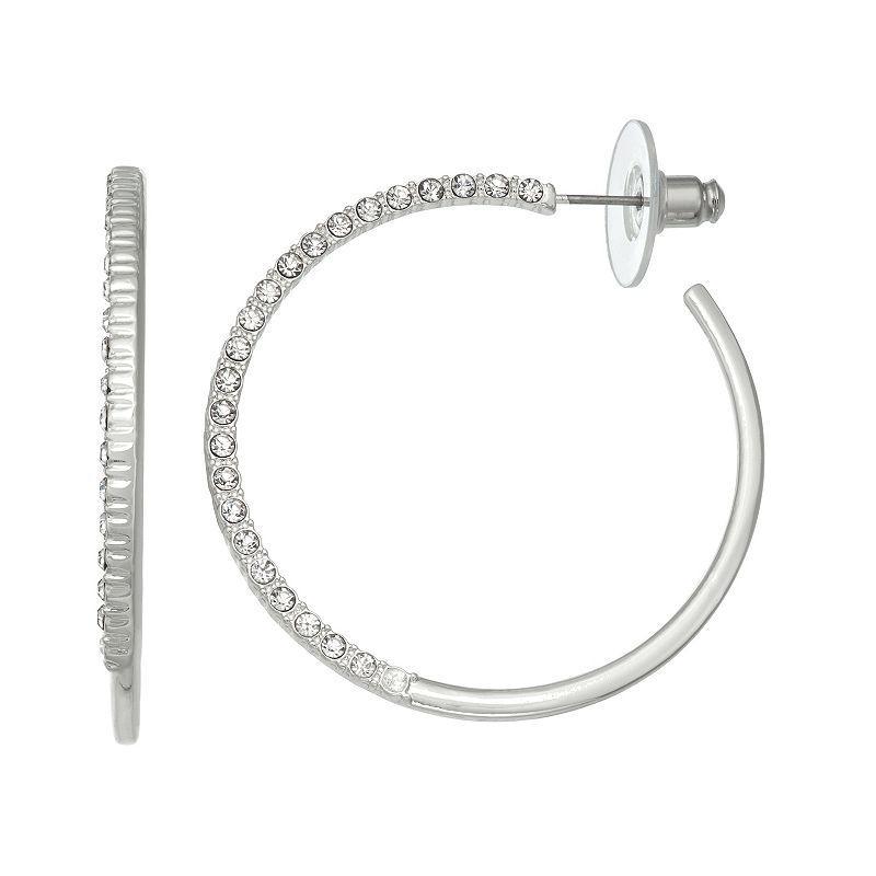 Nine West Silver Tone C Pave Hoop Earrings, Womens, Med Grey Product Image