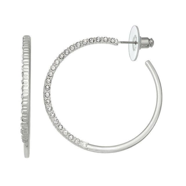 Nine West Silver Tone C Pave Hoop Earrings, Womens Product Image