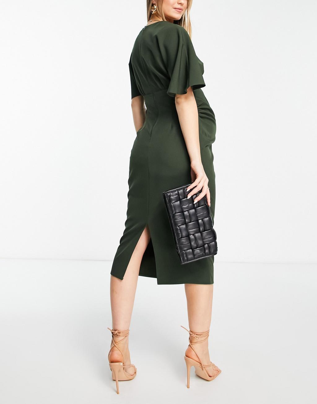 ASOS DESIGN Maternity pleated blouson midi dress in khaki Product Image