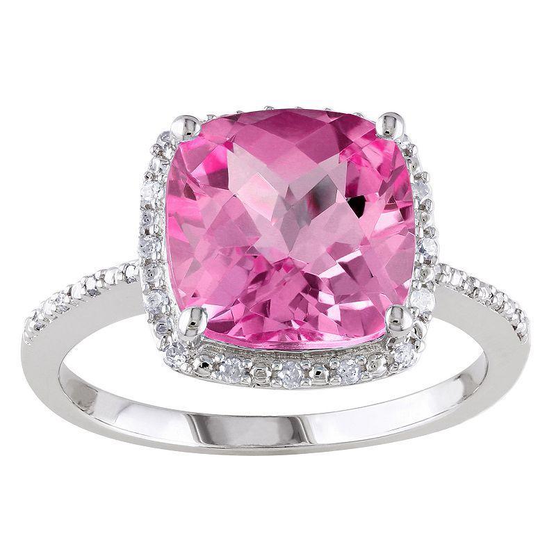 Stella Grace Sterling Silver Lab Created Pink Sapphire & 1/10 Carat T.W. Diamond Halo Ring, Womens Product Image