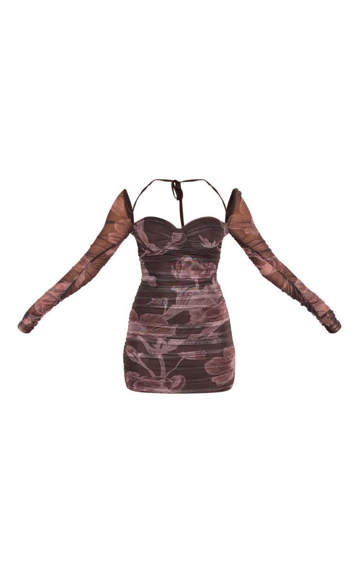 Brown Floral Mesh Ruched Long Sleeve Cup Detail Mini Dress Product Image