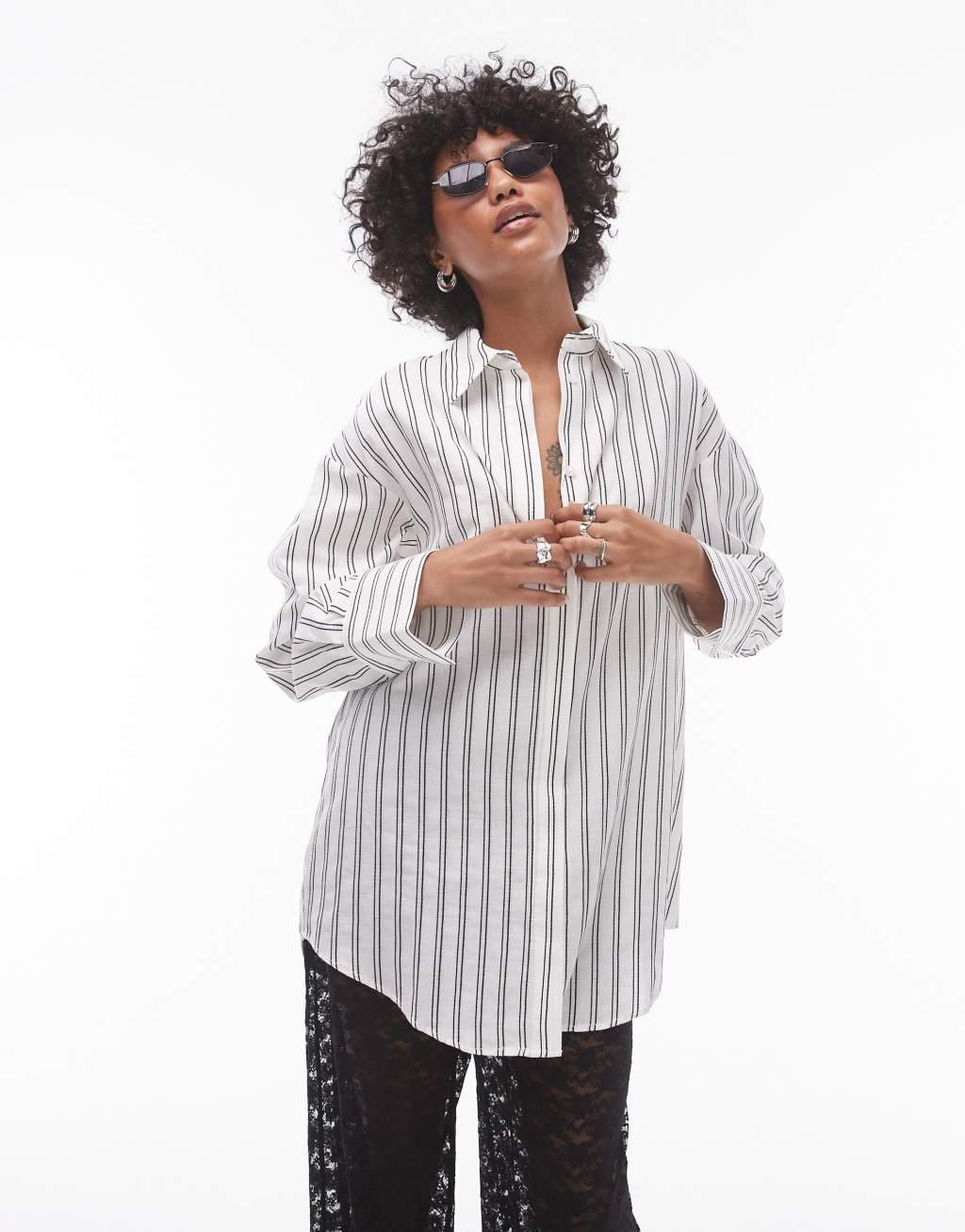 Topshop casual oversized shirt in monochrome stripe Product Image