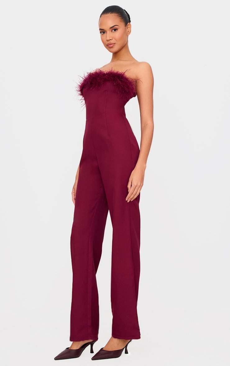 Burgundy Faux Fur Bandeau Straight Leg Jumpsuit Product Image