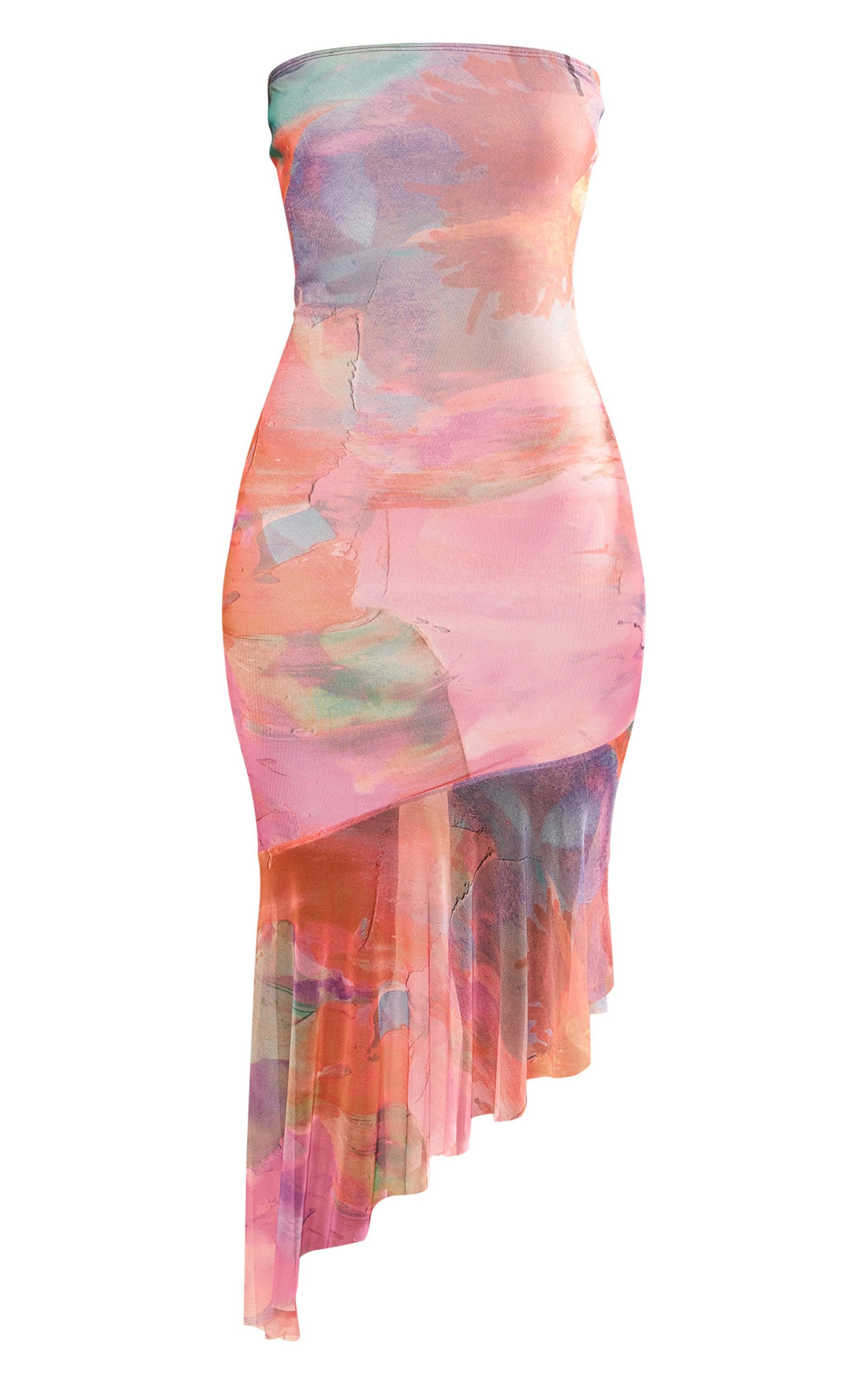 Multi Abstract Print Asymmetric Frill Hem Bandeau Midaxi Dress Product Image