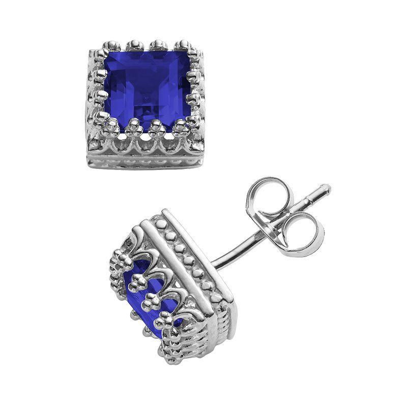 Designs by Gioelli Sterling Silver Lab-Created Sapphire Crown Stud Earrings, Womens, Blue Product Image