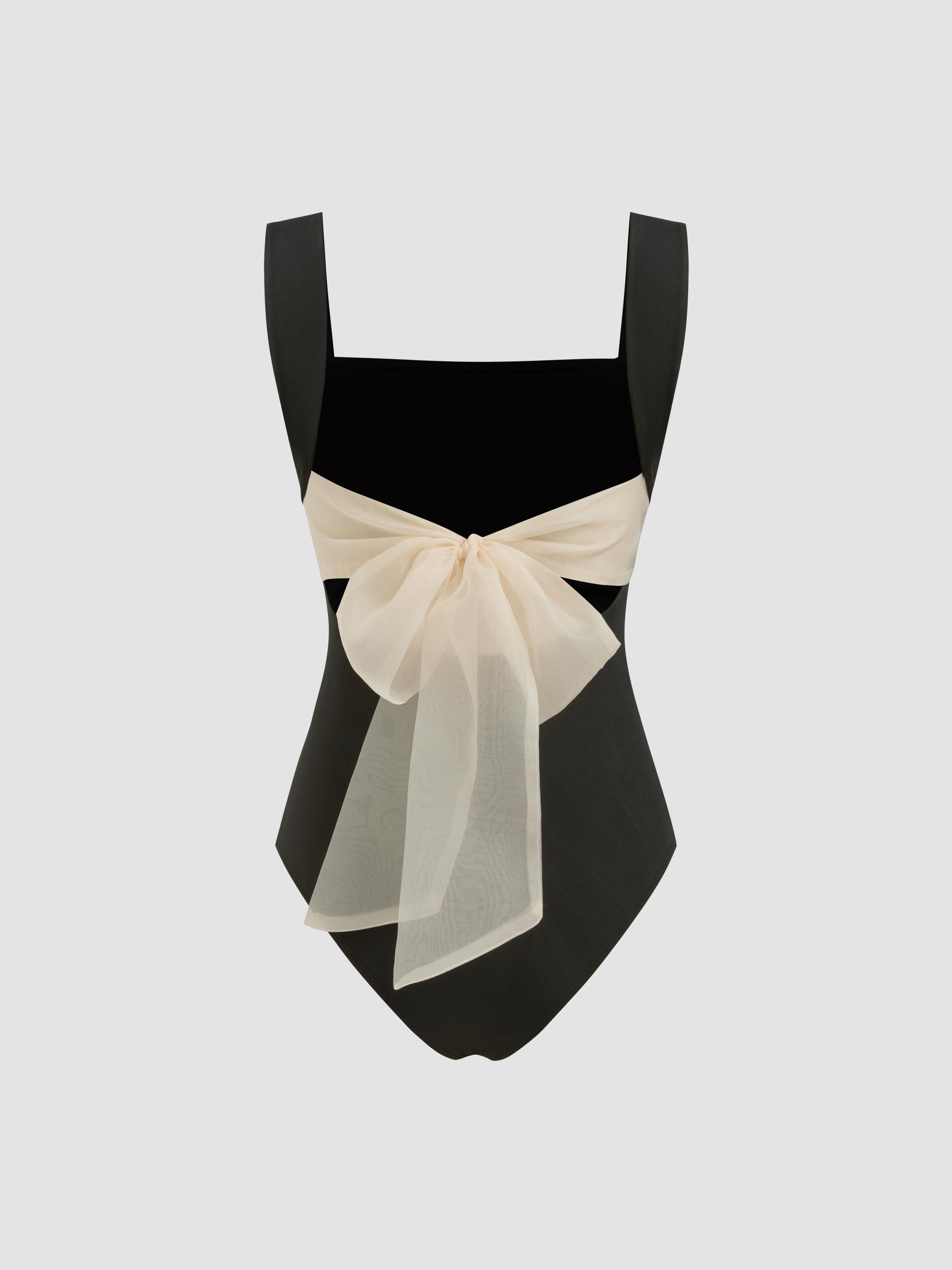 Square Neck Ruched Bowknot Bodysuit Product Image