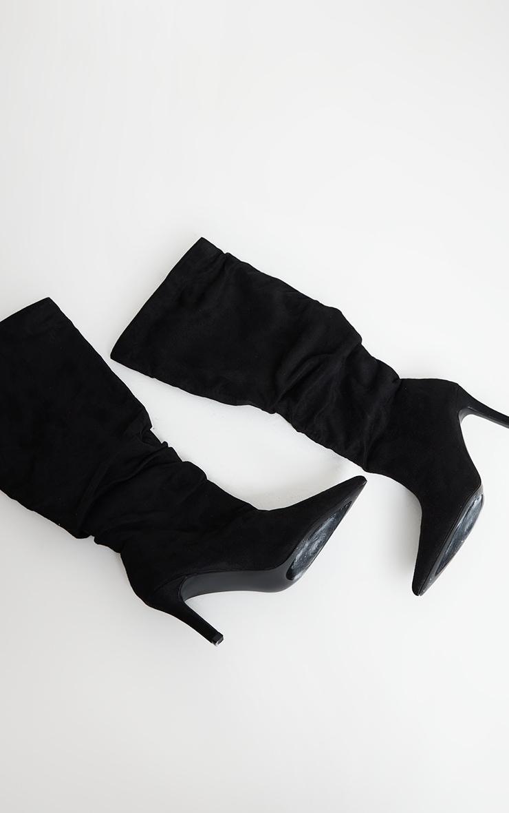 Black Faux Suede Ruched Mid Heeled Knee High Boots Product Image