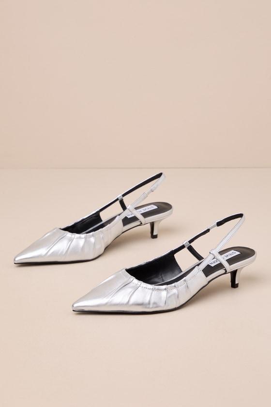 Syrie Silver Leather Pointed-Toe Slingback Kitten Heel Pumps Product Image