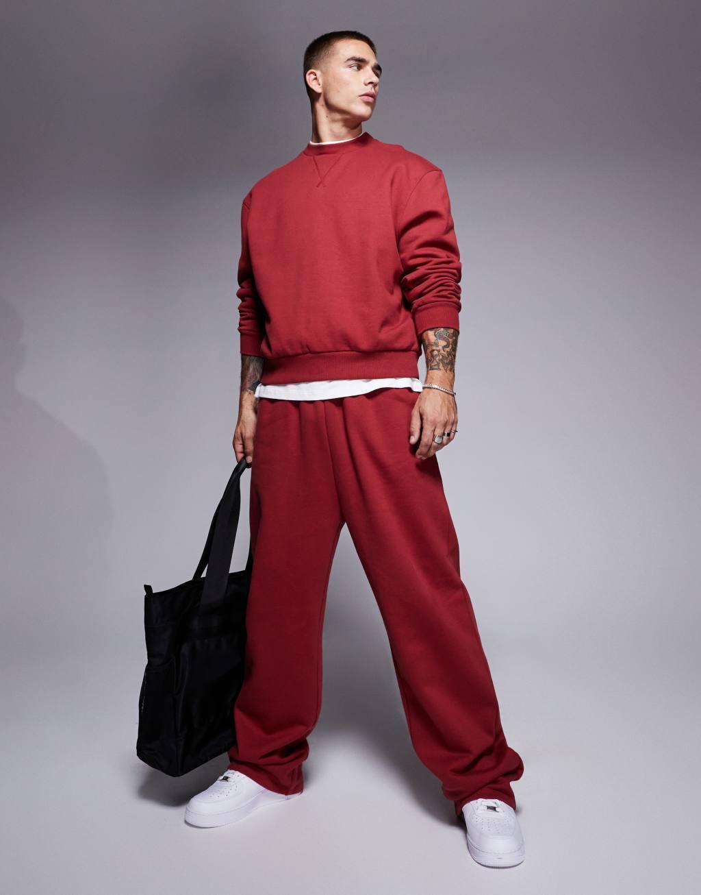 ASOS DESIGN premium heavyweight wide leg sweatpants in red Product Image