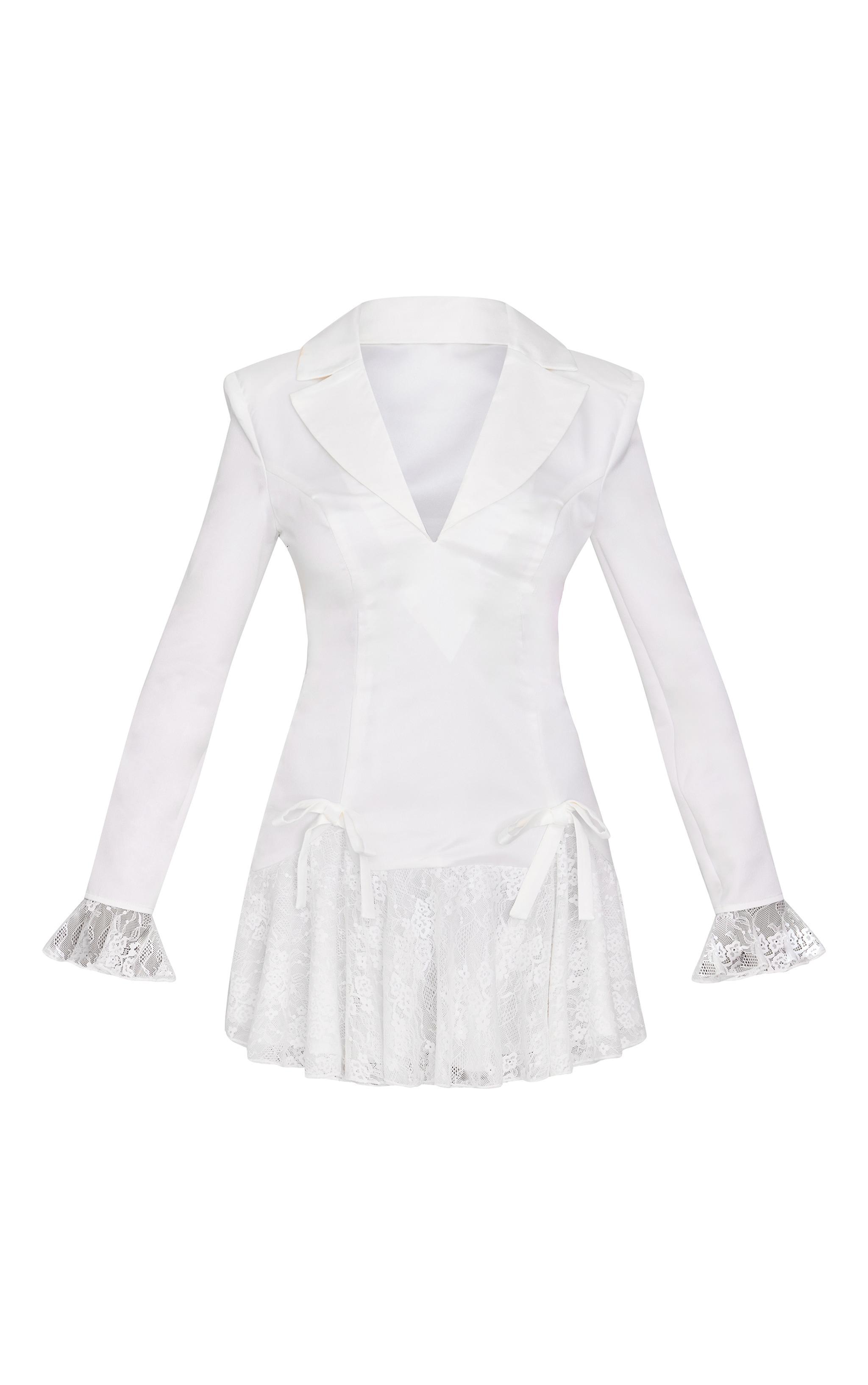 White Satin Lace Trim Bow Blazer Dress Product Image