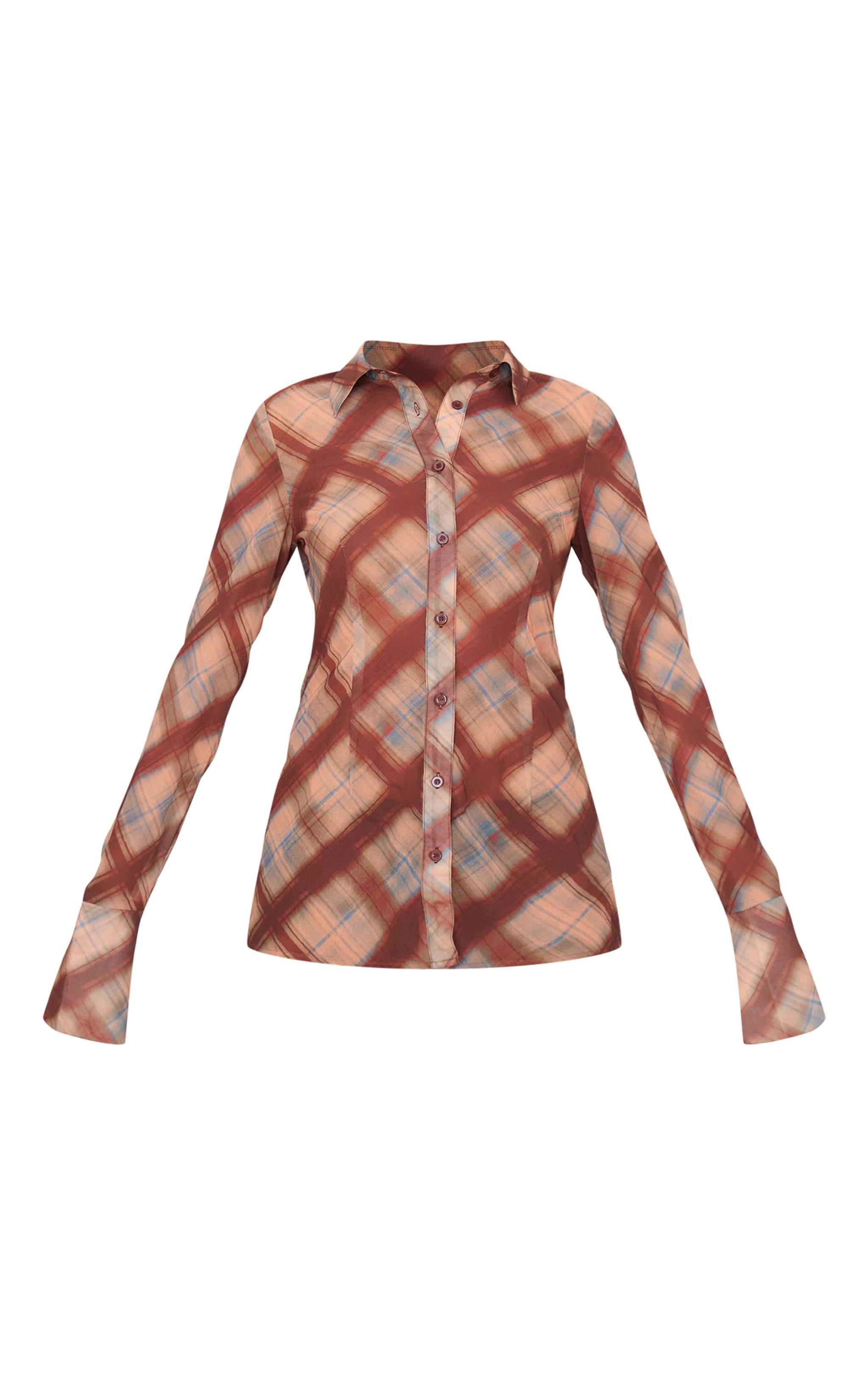 Brown Check Print Chiffon Fitted Shirt Product Image