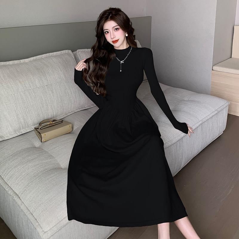 Long Sleeve Mock Neck Plain Gathered Knit Midi A-Line Dress Product Image