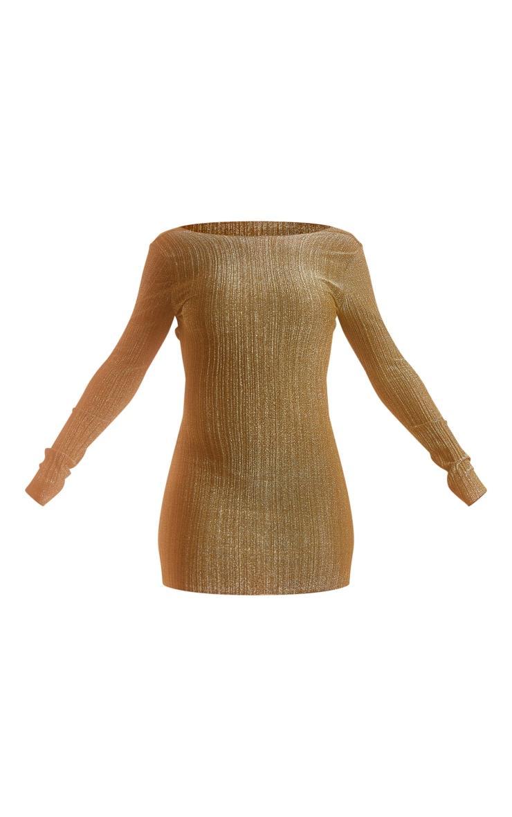 Gold Glitter Plisse Cowl Low Back Long Sleeve Bodycon Dress Product Image