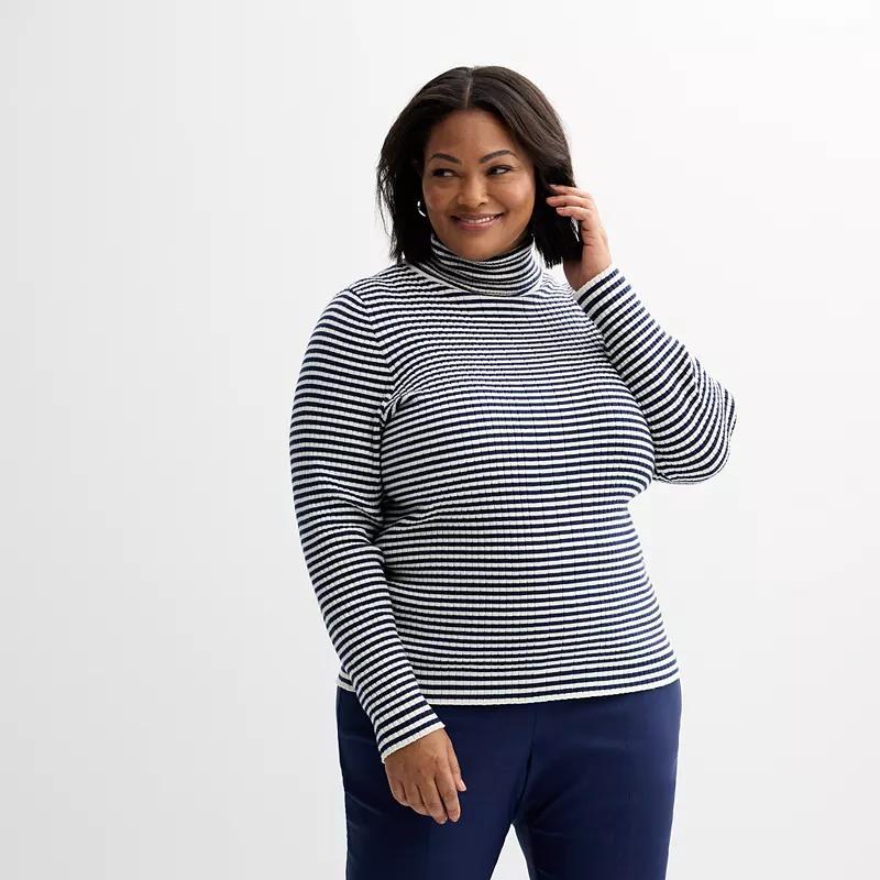 Plus Croft & Barrow Ribbed Turtleneck Sweater, Womens Blue Stripe Product Image