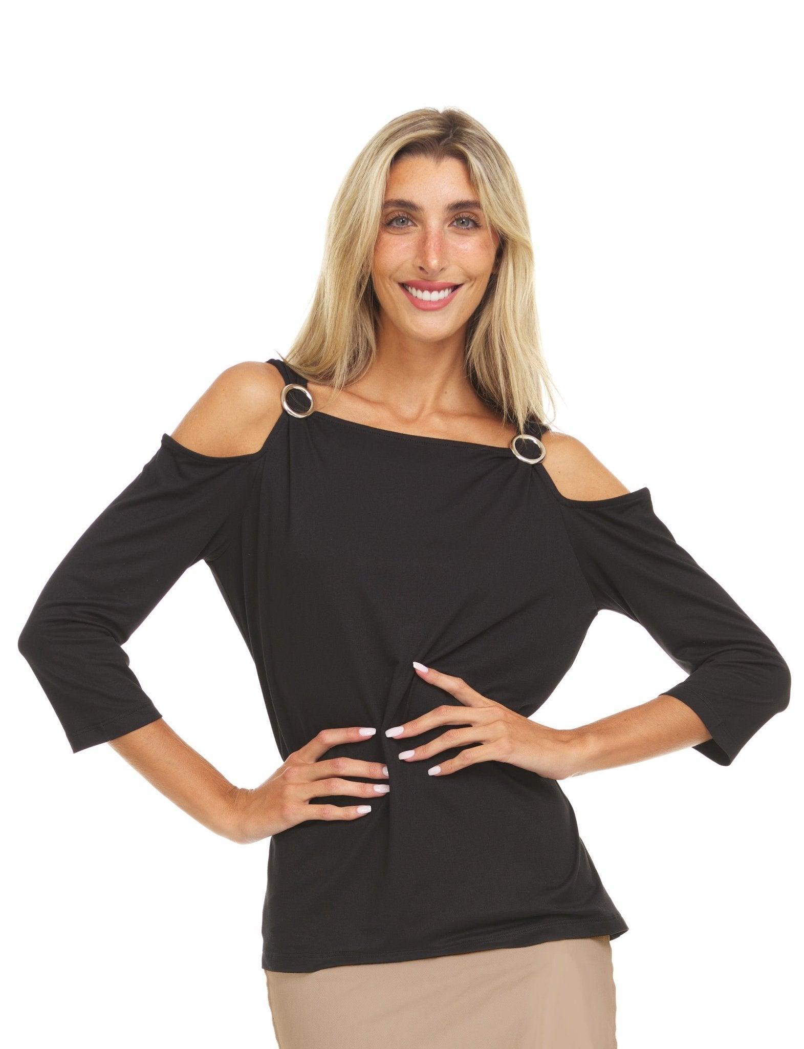 Black Three Quarter Sleeve Cold Shoulder Top With Shoulder Strap Grommet Product Image