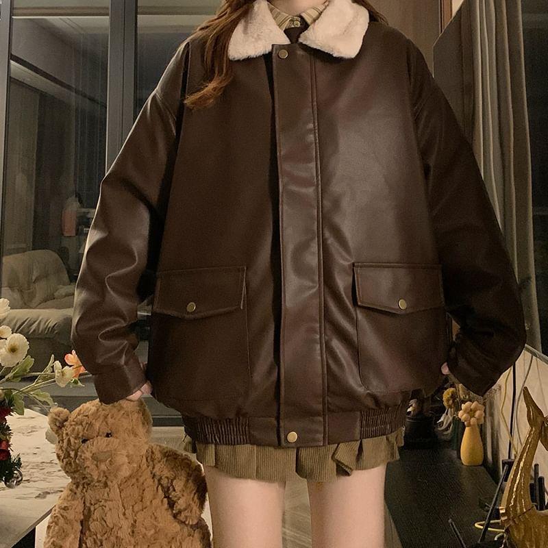 Collared Faux Leather Zip-Up Padded Jacket Product Image