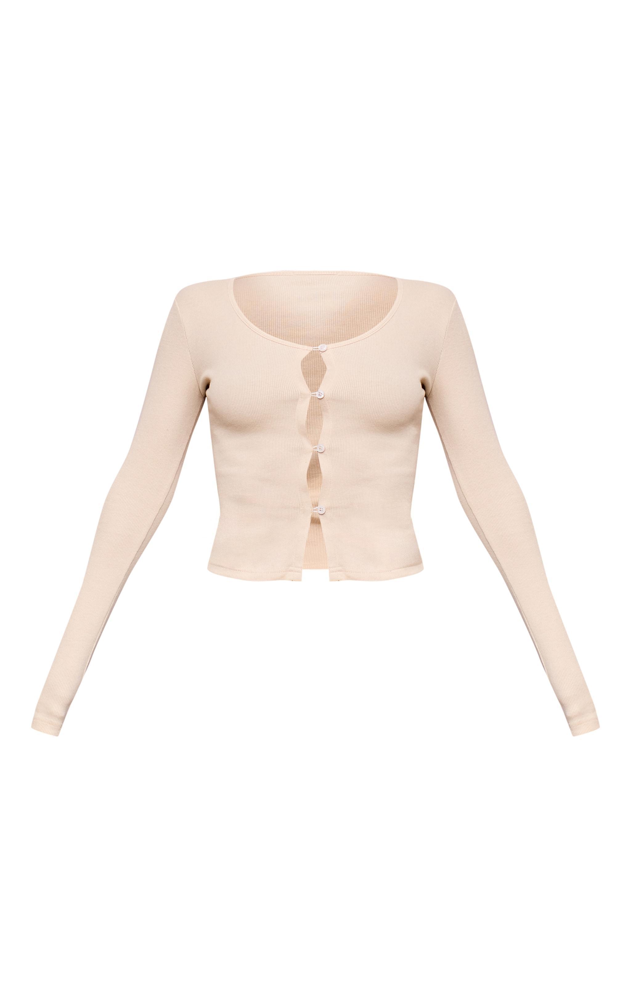 Cream Ribbed Button Down Fitted Long Sleeve Top Product Image