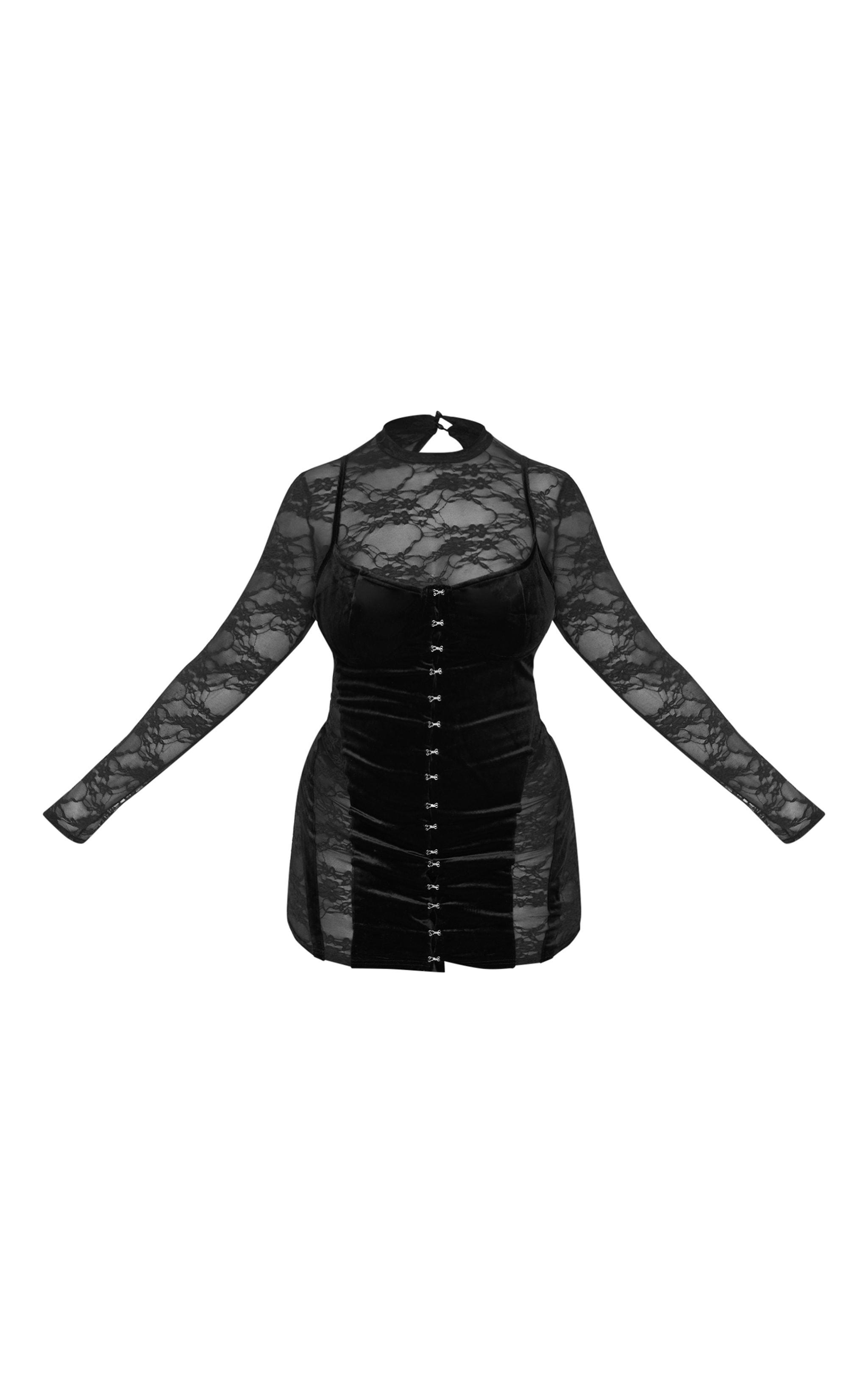 Plus Black Velvet Lace Insert Long Sleeve Mini Dress Product Image