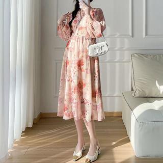 Maternity Long-Sleeve Floral Print Midi A-Line Dress Product Image