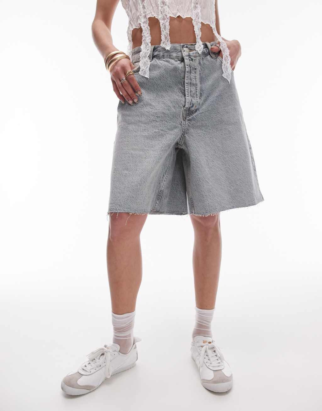 Topshop denim loose fit jorts in gravel wash  Product Image