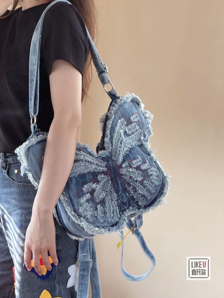 Butterfly Washed Distressed Denim Crossbody Bag Product Image