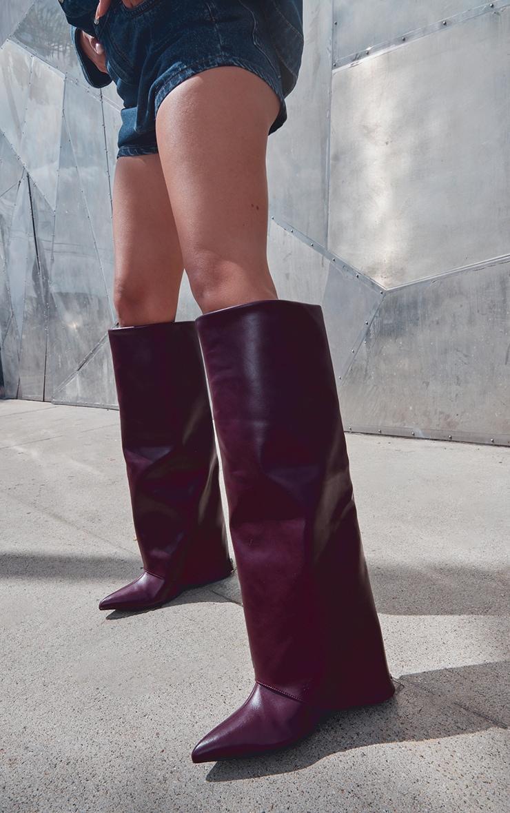 Wide Fit Burgundy PU Fold Over Zip Detail Point Toe Knee High Wedge Heeled Boots product image