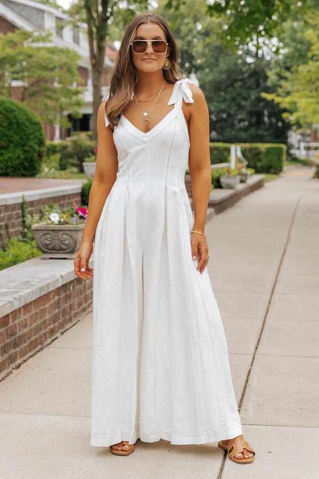 Cream Linen Stitch Wide Leg Jumpsuit - FINAL SALE Product Image